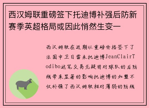 西汉姆联重磅签下托迪博补强后防新赛季英超格局或因此悄然生变一 西汉姆联重磅签下托迪博补强后防新赛季英超格局或因此悄然生变一